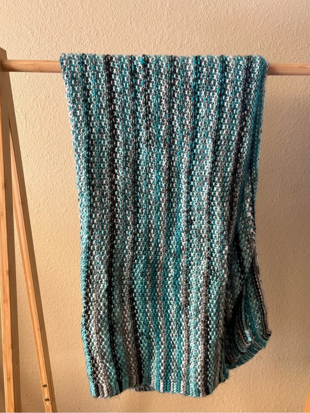 Handmade Striped Crochet Lap Blanket or Shawl in Teal and Charcoal Multicolor